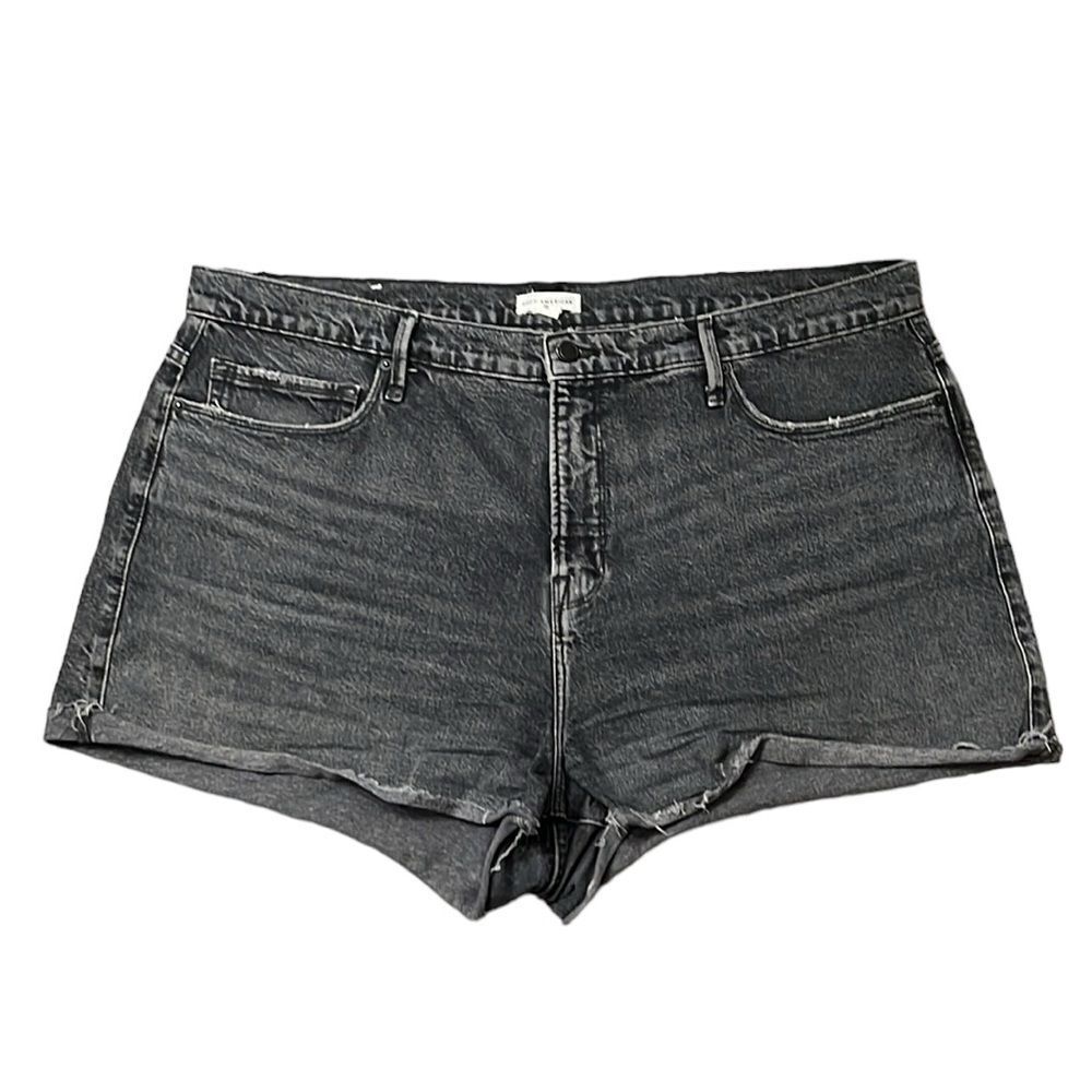 Good American Black Denim Cutoff Shorts Size 15 High Rise Raw Hem Stretch